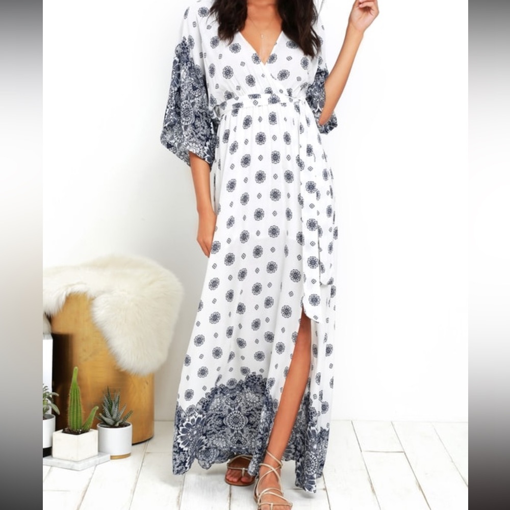 Lulus South of France Blue and Ivory Print Maxi Dress